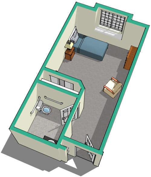 A 3D floor plan of a small apartment featuring a bedroom and an adjacent bathroom.