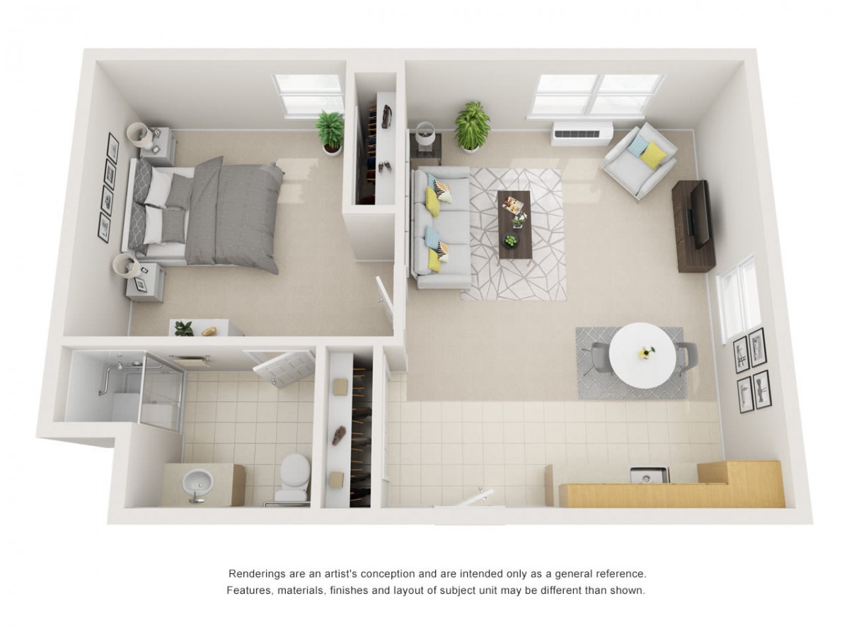 A modern one-bedroom apartment floor plan featuring an open living and dining area, kitchen, and bathroom.