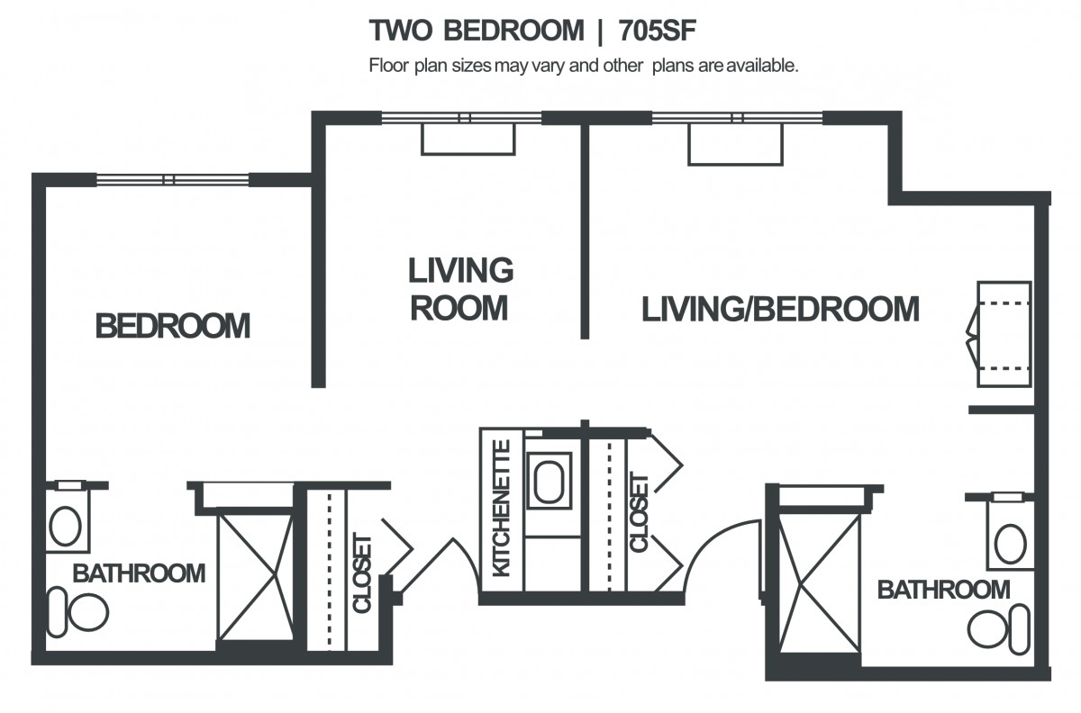 A floor plan for a two-bedroom apartment measuring 705 square feet.