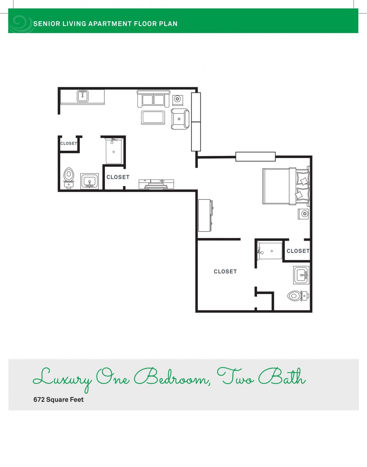 Luxury one-bedroom, two-bathroom apartment floor plan.