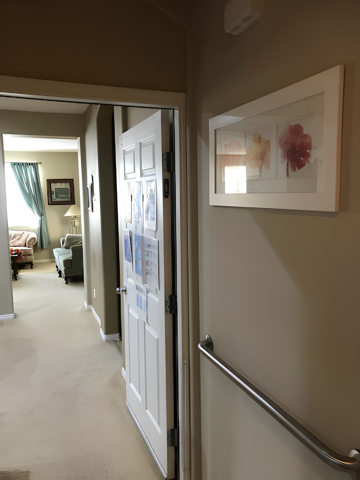A view of a home hallway leading to a living room, with a framed picture on the wall.