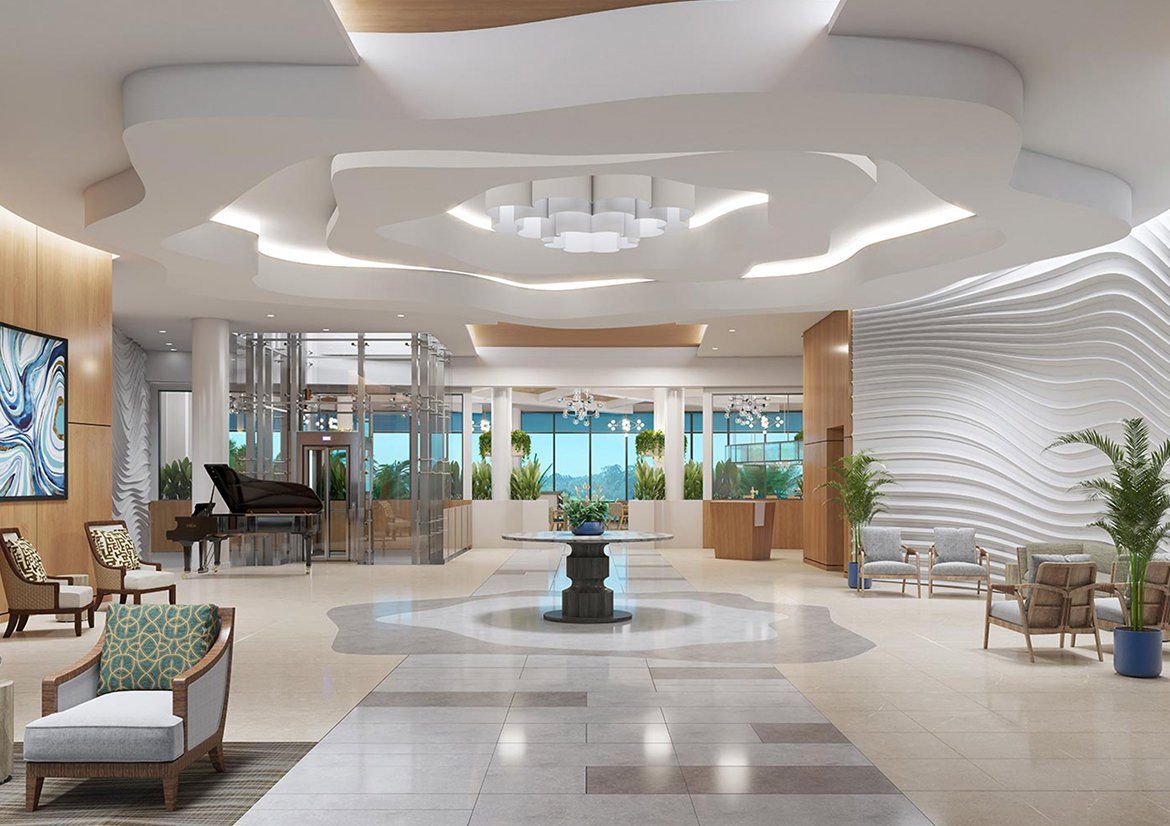 A modern and stylish lobby with elegant lighting and contemporary decor.