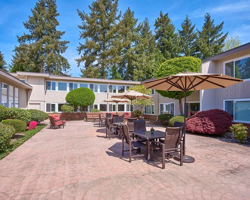 An outdoor patio area with tables, chairs, and umbrellas surrounded by a building and trees.