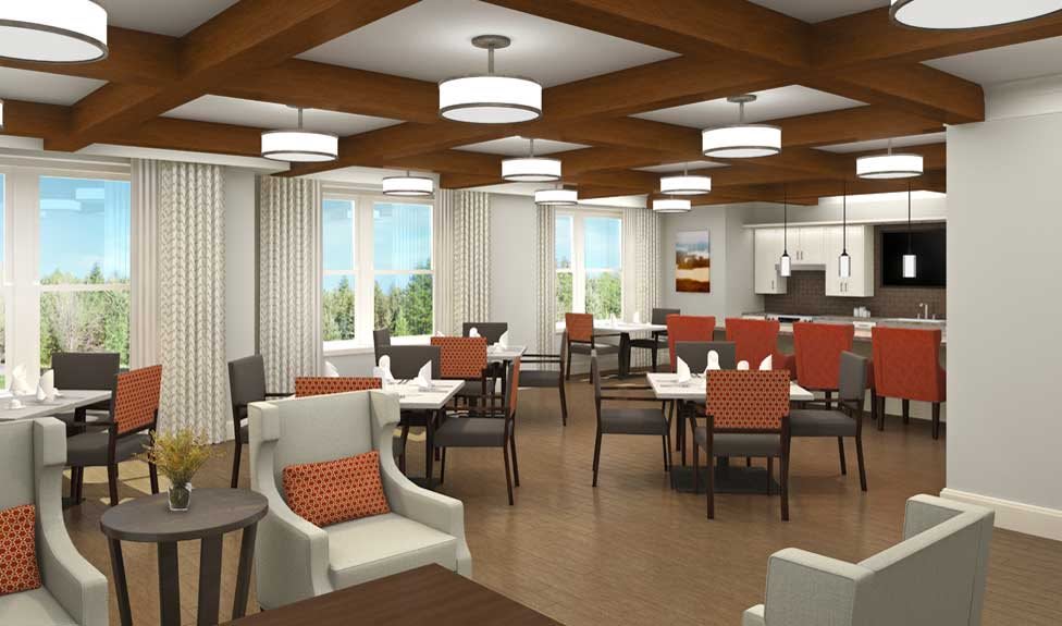A modern dining room interior with neatly arranged tables and chairs, featuring warm lighting and wooden accents.