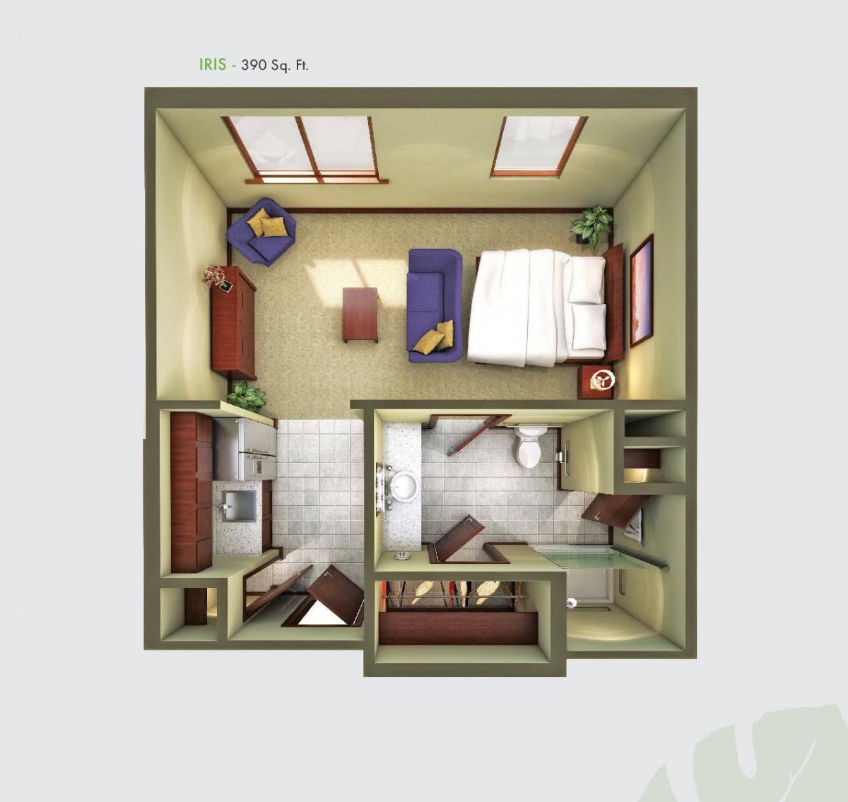 A detailed floor plan of a one-bedroom apartment, showcasing the interior layout and design.