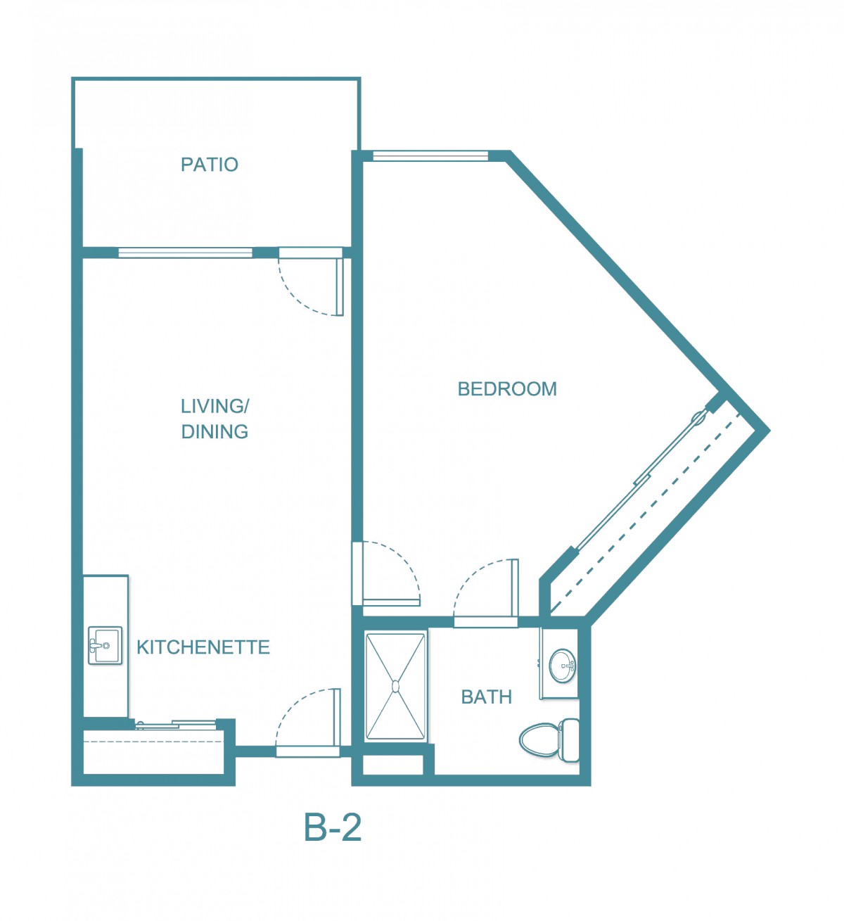 A floor plan of a one-bedroom apartment featuring a living/dining area, kitchenette, bathroom, and bedroom.