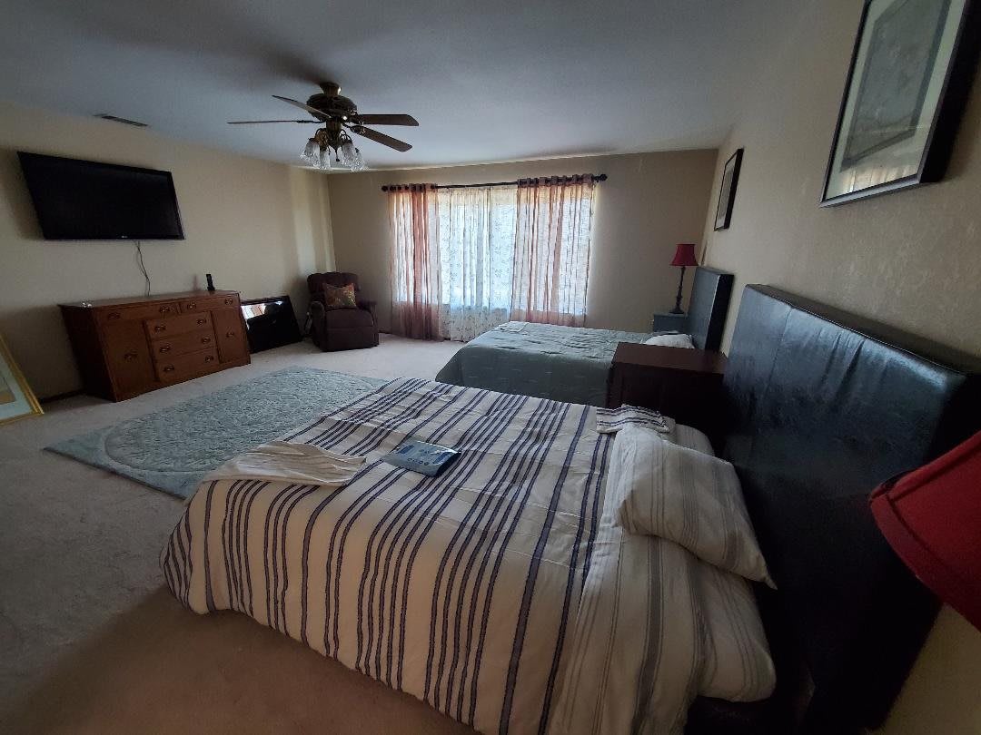 A cozy bedroom featuring two beds with striped bedding, an armchair, and a TV, illuminated by natural light through the window.
