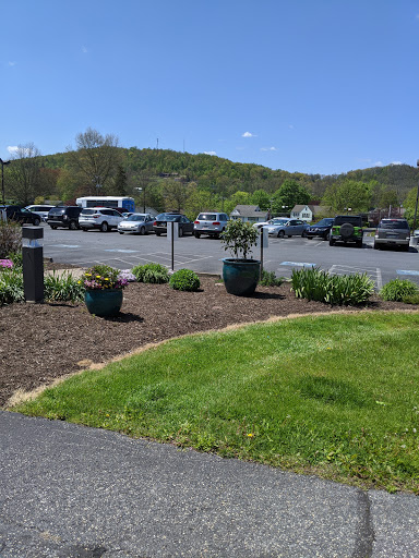 A view of a parking lot surrounded by landscaped flower beds and green grass, with mountains in the background under a clear blue sky.