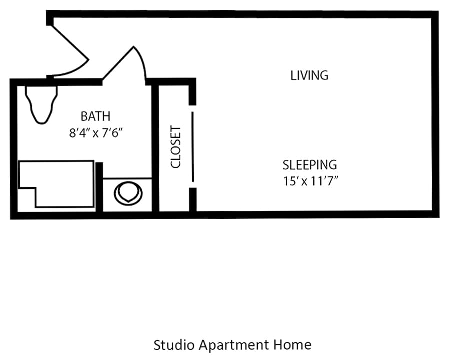 Floor plan of a studio apartment home, featuring living and sleeping areas with a bath and closet.