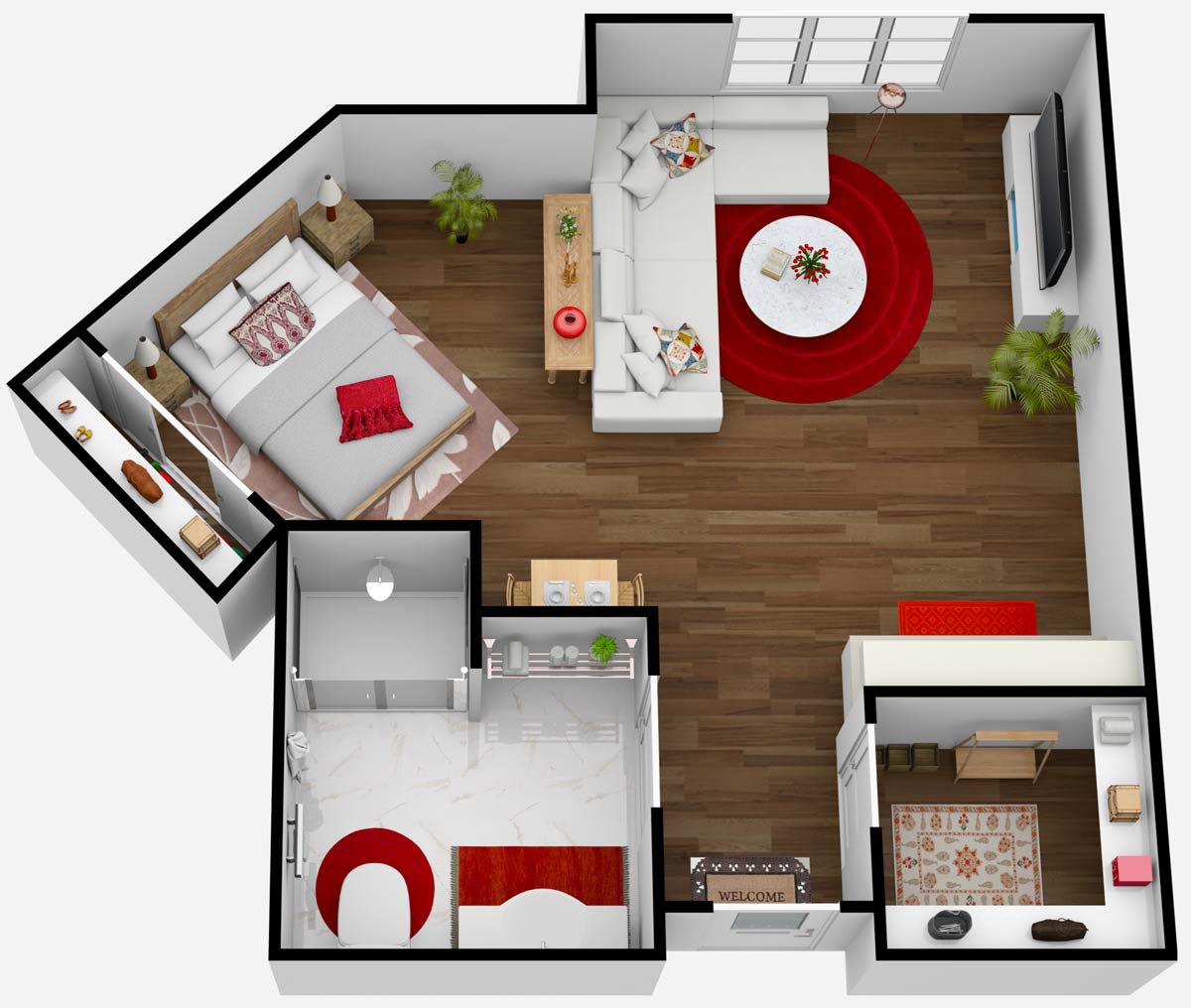A modern apartment floor plan showcasing a cozy living room, bedroom, kitchen, and bathroom.