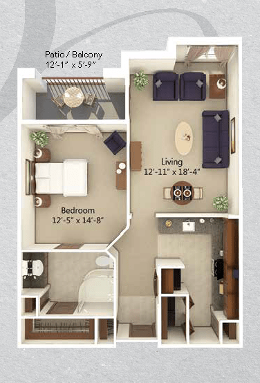 A one-bedroom apartment floor plan featuring a living room, kitchen, and bathroom.