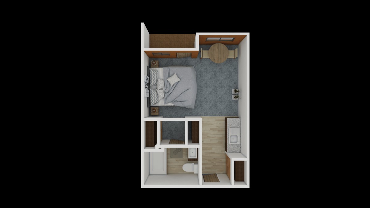 A top-down view of a compact studio apartment layout featuring a bedroom, bathroom, and kitchenette.