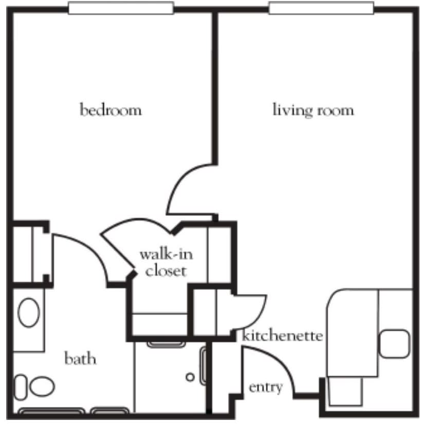 A simple one-bedroom apartment floor plan featuring a living room, kitchenette, walk-in closet, and bathroom.