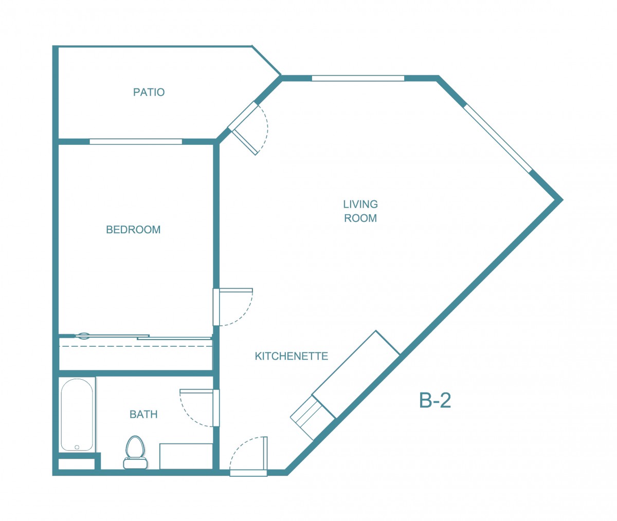 A simple architectural floor plan of an apartment, highlighting different areas such as the living room, kitchenette, bedroom, and bath.