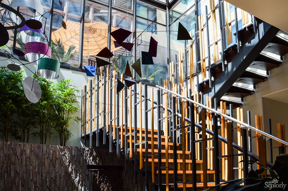 A modern interior featuring a wooden staircase illuminated by natural light streaming through a glass ceiling, complemented by artistic elements and greenery.