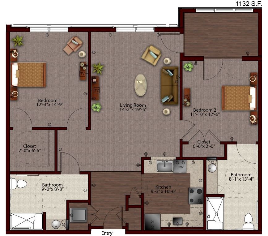 A detailed floor plan of an apartment featuring a living room, kitchen, two bedrooms, and two bathrooms.