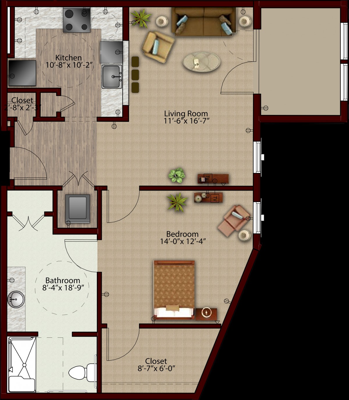 A floor plan of a one-bedroom apartment, showcasing the layout of the living room, kitchen, and bathroom.