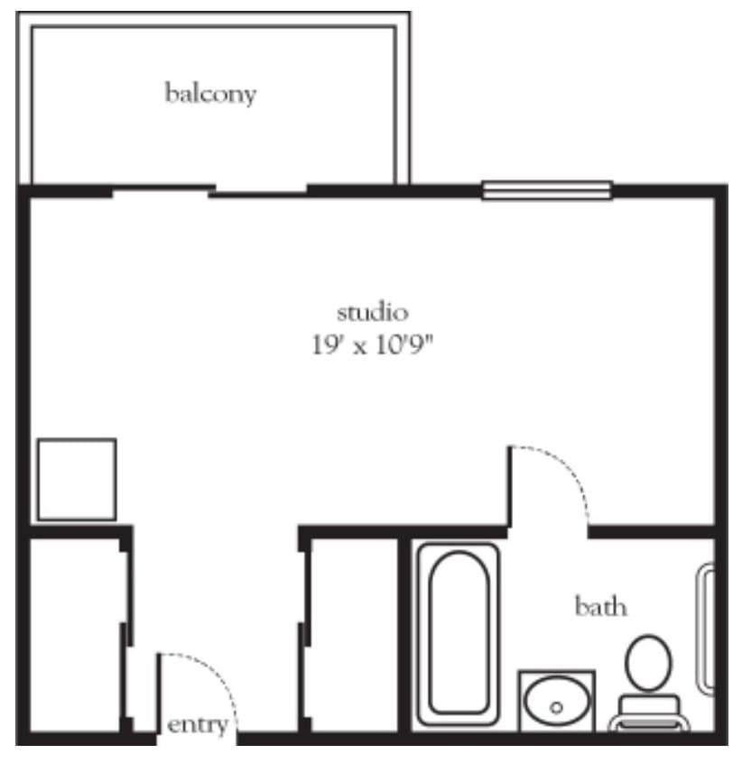 Studio apartment floor plan with a main room, bathroom, and balcony.