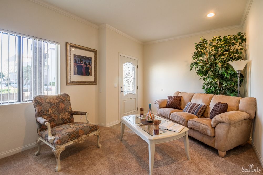 A cozy living room featuring a sofa, armchair, and coffee table with decorative items.
