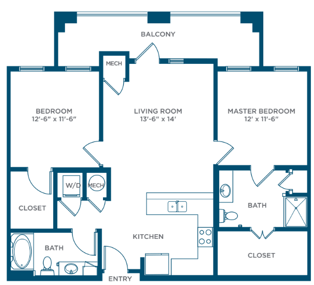 A floor plan of a two-bedroom apartment with labeled rooms and dimensions.