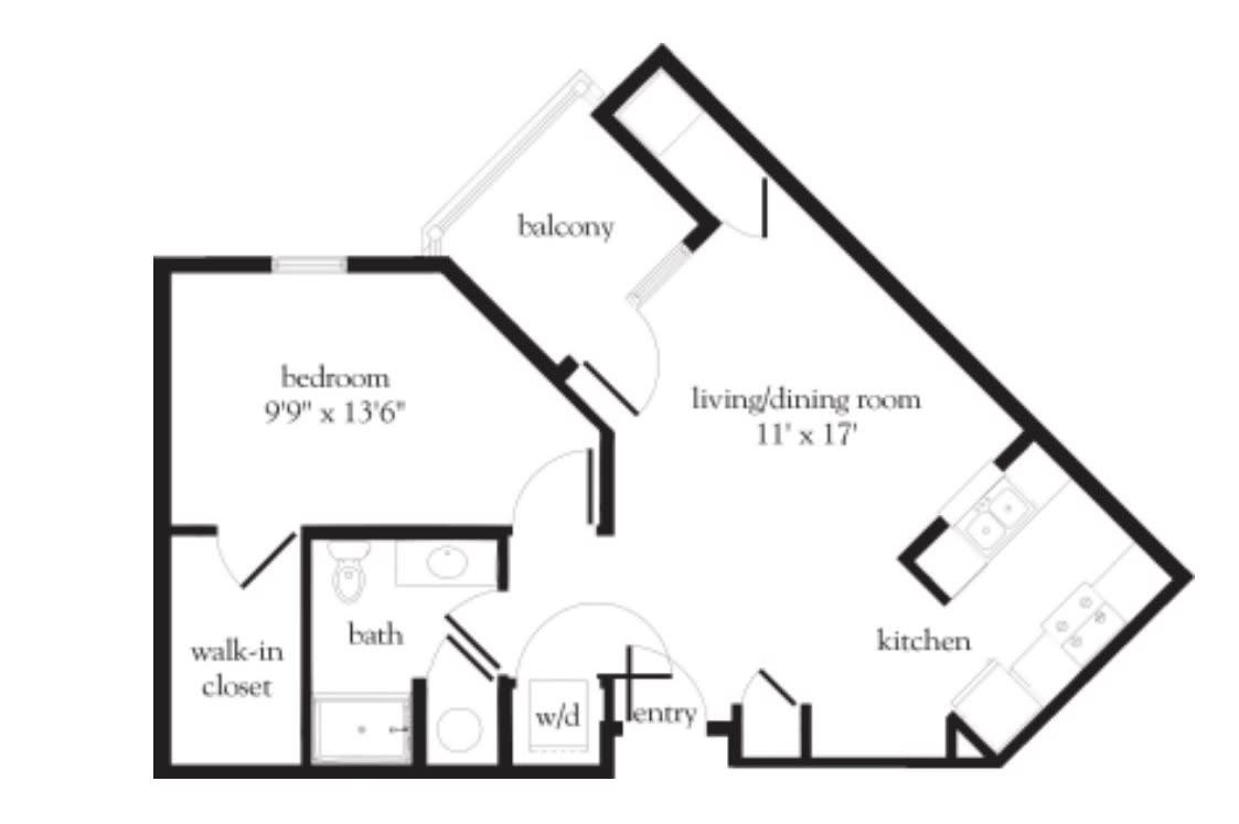 A floor plan of a one-bedroom apartment featuring a living/dining room, kitchen, bedroom with walk-in closet, bathroom, and balcony.