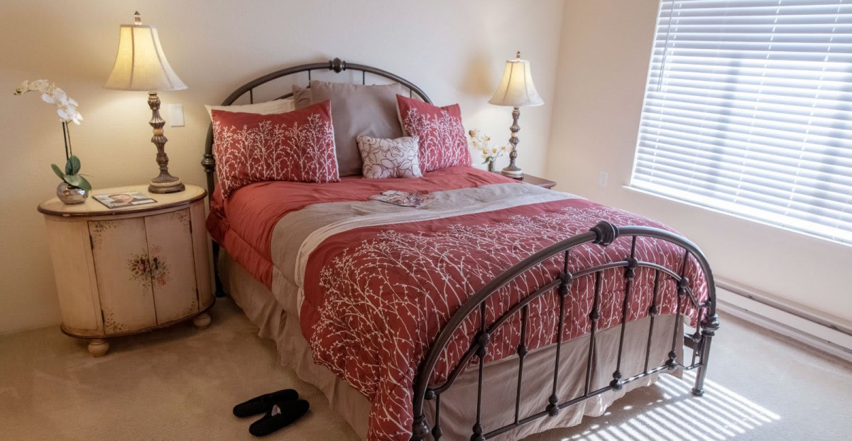 A cozy bedroom featuring a neatly made bed with patterned bedding and decorative pillows, accompanied by a lamp on the bedside table.