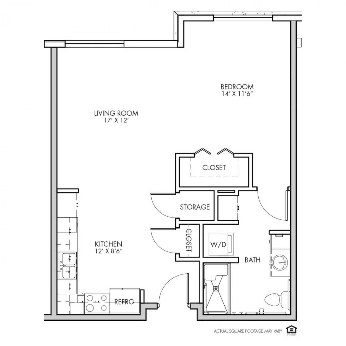 This is a floor plan of an apartment featuring a kitchen, living room, bedroom, and bathroom.