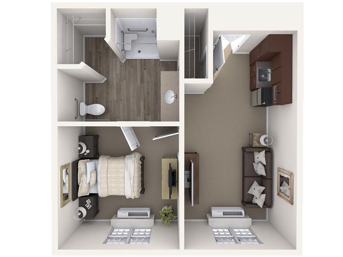 A 3D floor plan of a compact one-bedroom apartment, showcasing an open living area connected to a kitchen, and a separate bathroom and bedroom.