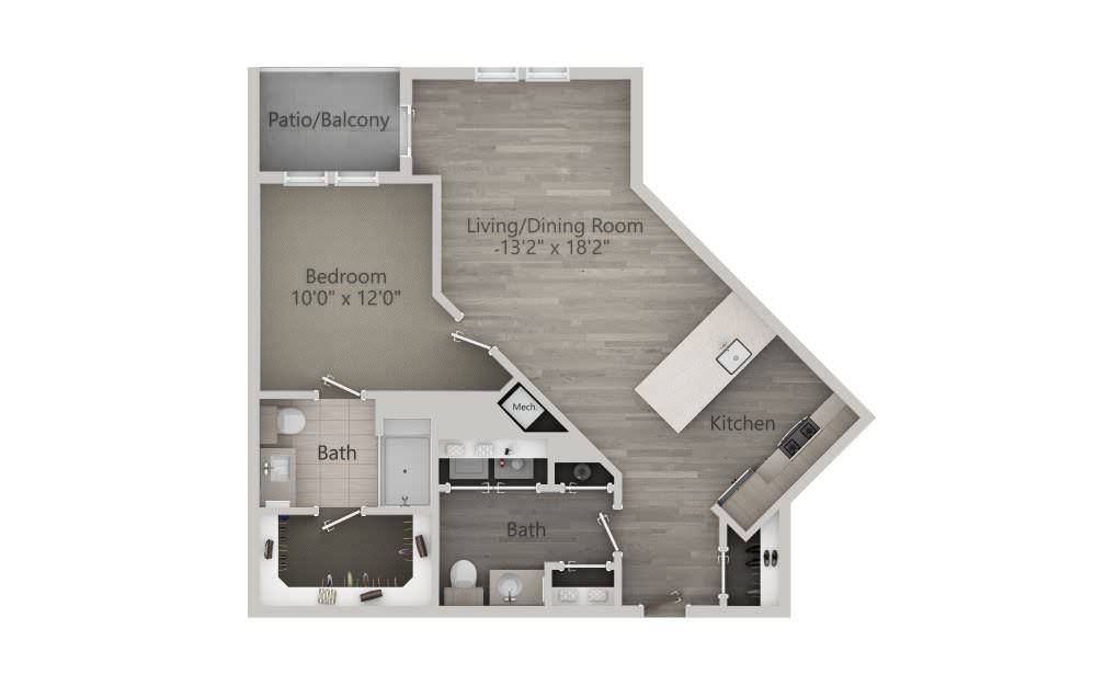 A floor plan of a one-bedroom apartment with a kitchen, bathroom, living/dining area, and patio balcony.