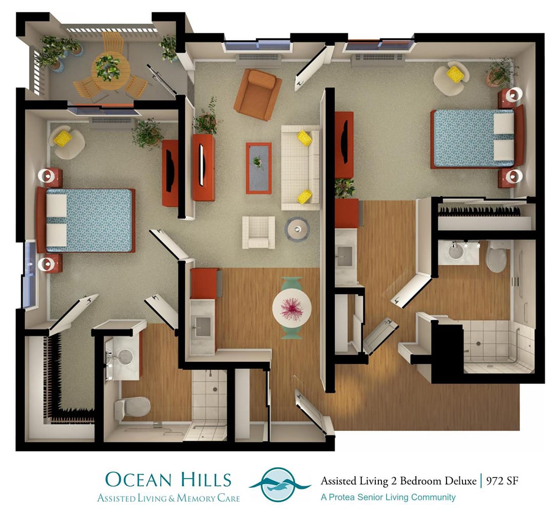 A floor plan of a two-bedroom apartment featuring a living room, kitchen, and bathroom.