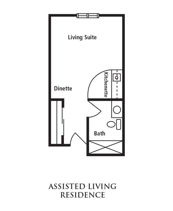 A floor plan for an assisted living suite, featuring a living area, kitchenette, and bathroom.