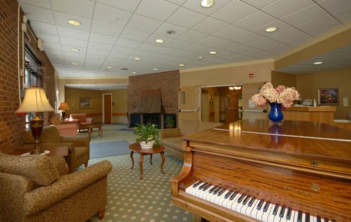 A cozy living room with a grand piano, comfortable seating, and a vase of flowers on display.