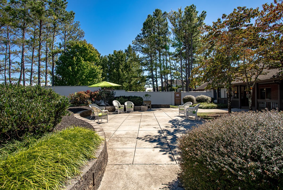 A spacious backyard with patio seating, surrounded by trees and garden landscaping under a clear blue sky.