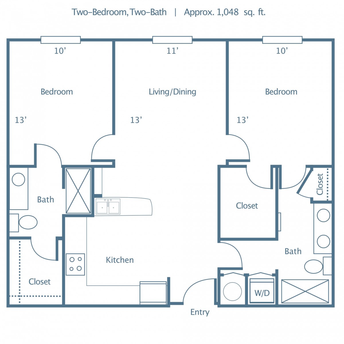 Two-bedroom apartment floor plan with approximate size of 1,041 sq. ft.