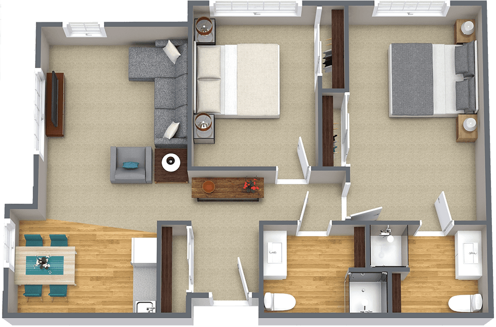 A top-down view of a modern apartment floor plan, featuring a bedroom, living room, kitchen, and bathroom.