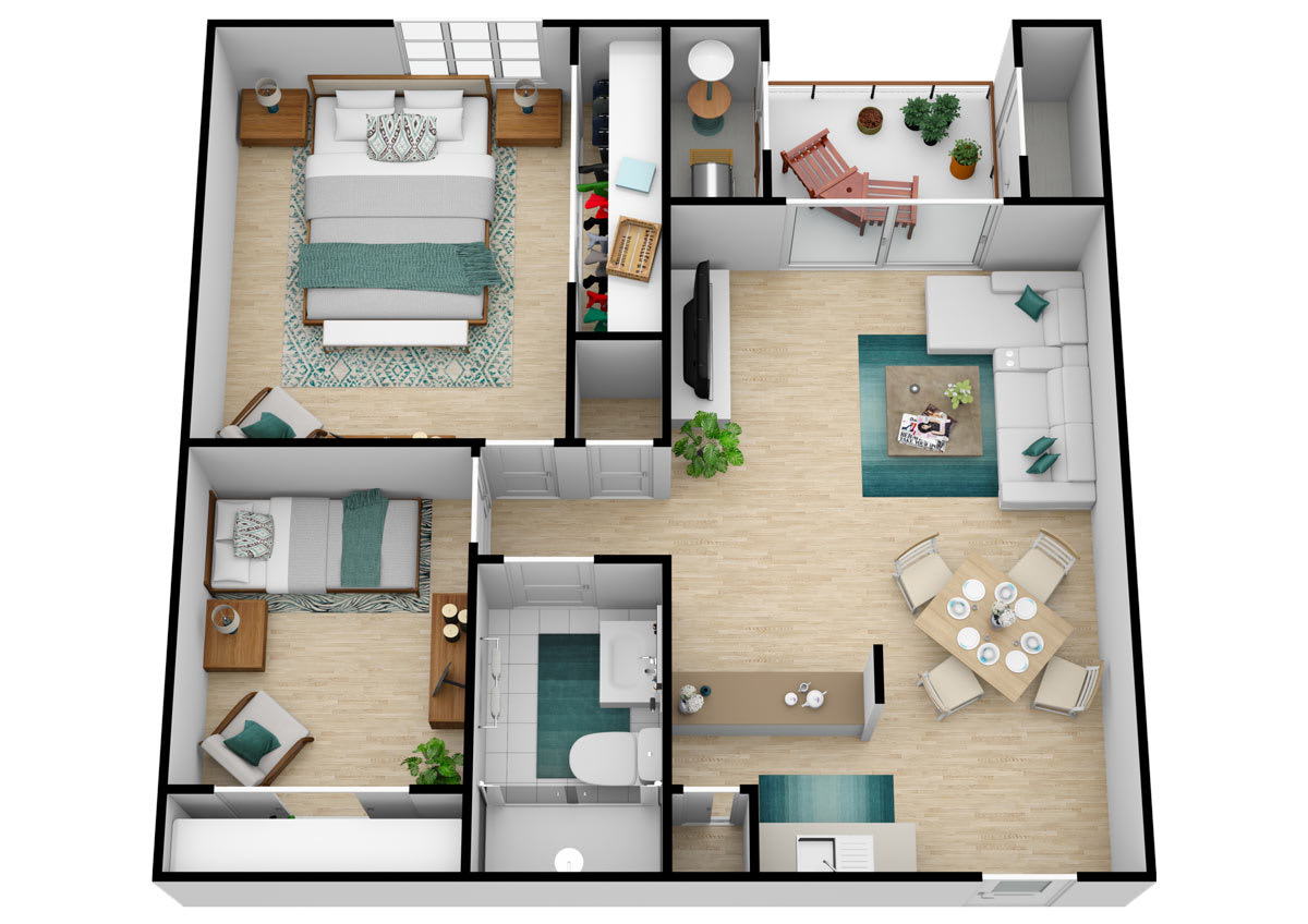 3D floor plan of a two-bedroom apartment with living room, kitchen, and bathroom.