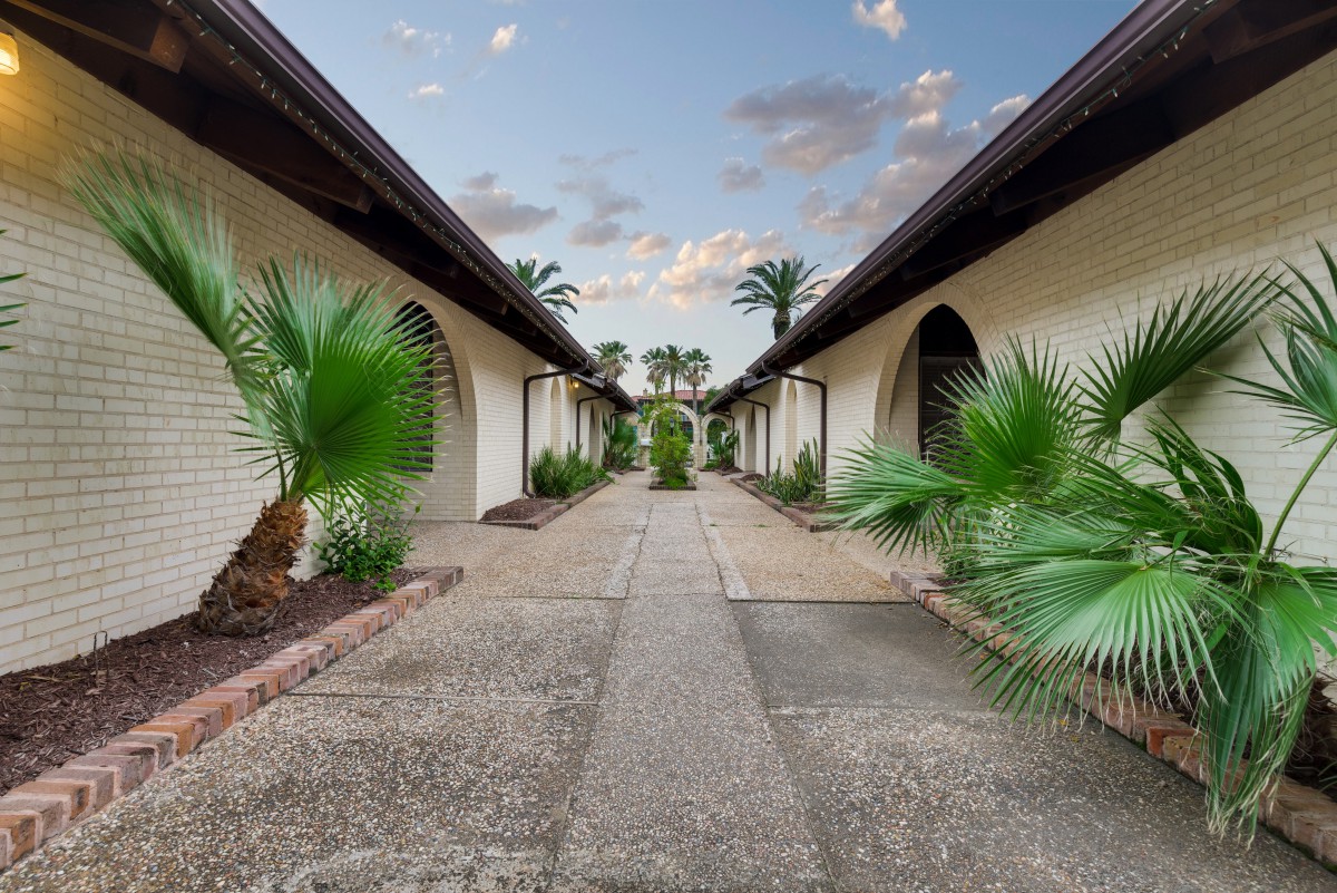 A symmetrical courtyard pathway lined with palm trees and bordered by arched buildings.
