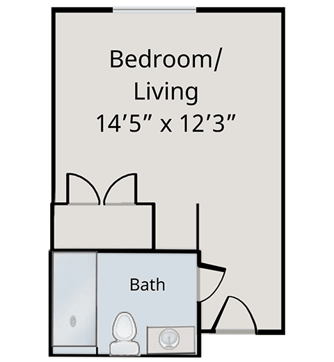 Studio apartment floor plan with bedroom/living area and bathroom.