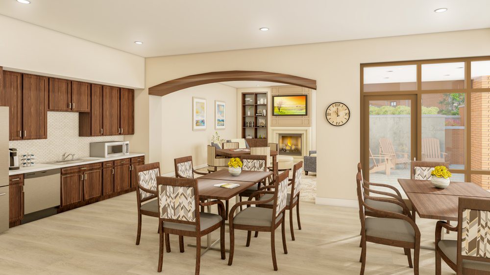 A modern dining room with elegant furniture and a kitchen area in the background.