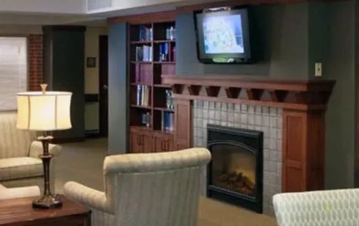 A cozy living room with a fireplace, television, and bookshelf.
