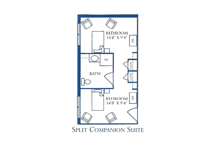 Floor plan of a split companion suite featuring two bedrooms and a shared bath.