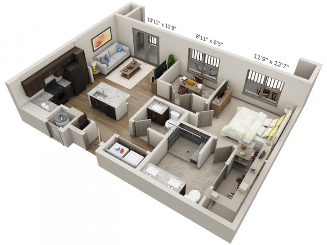 3D floor plan of a modern apartment with kitchen, living room, bedroom, and bathroom.