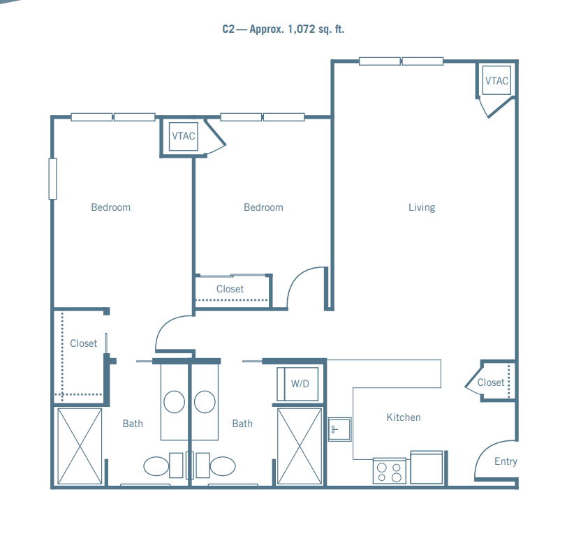 A floor plan of a two-bedroom apartment with bathrooms, kitchen, and living room.
