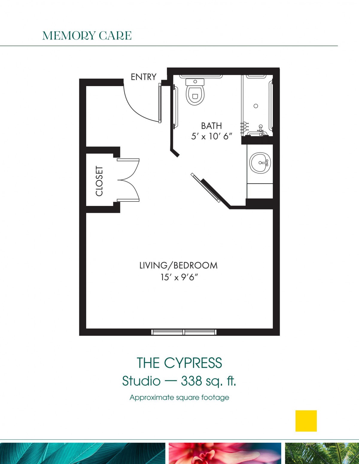 Floor plan of 'The Cypress' studio apartment with a living area and bathroom.
