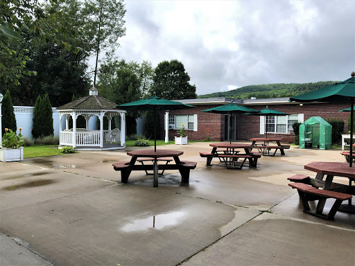 A serene outdoor space featuring picnic tables and a gazebo, surrounded by lush greenery under a cloudy sky.