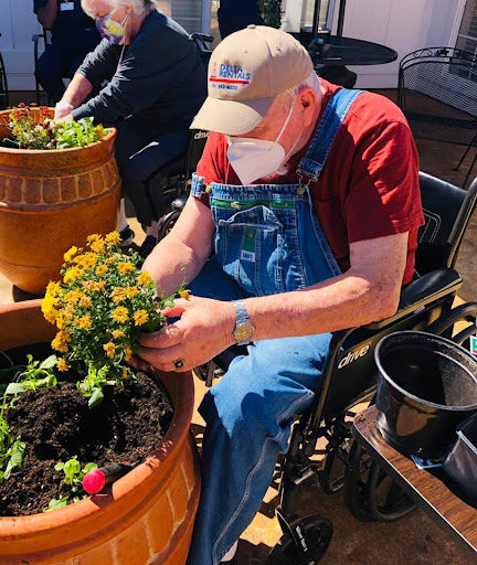 An elderly man in a wheelchair enjoys planting flowers in a pot, embracing the joy of gardening outdoors.