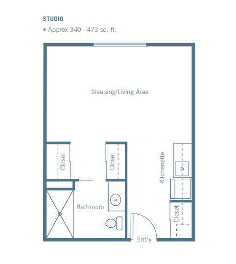 Floor plan of a studio apartment with an open living/sleeping area, kitchen, and bathroom.