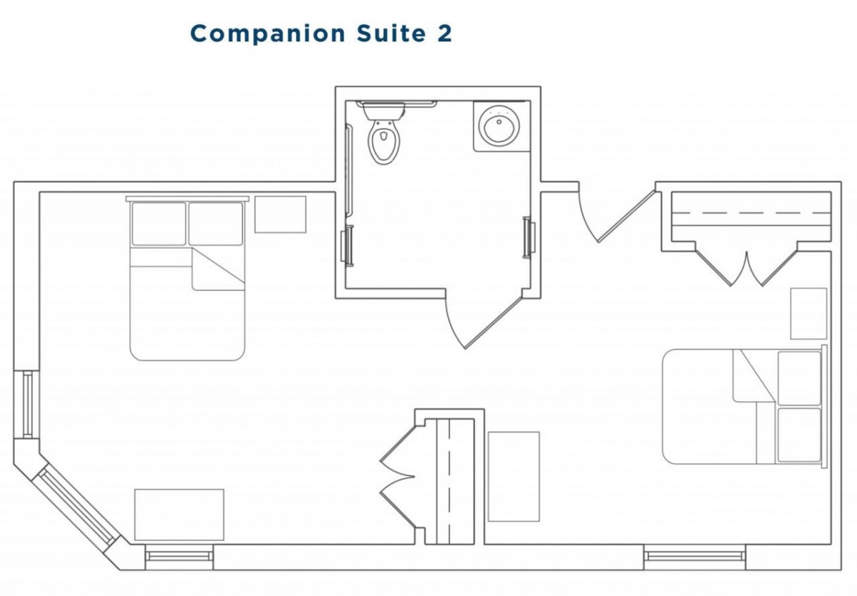 Floor plan of a Companion Suite featuring a bedroom and bathroom.