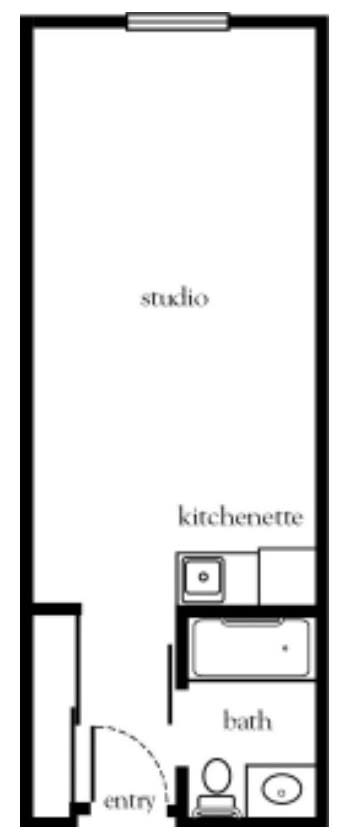 Simple floor plan of a studio apartment with a kitchenette.