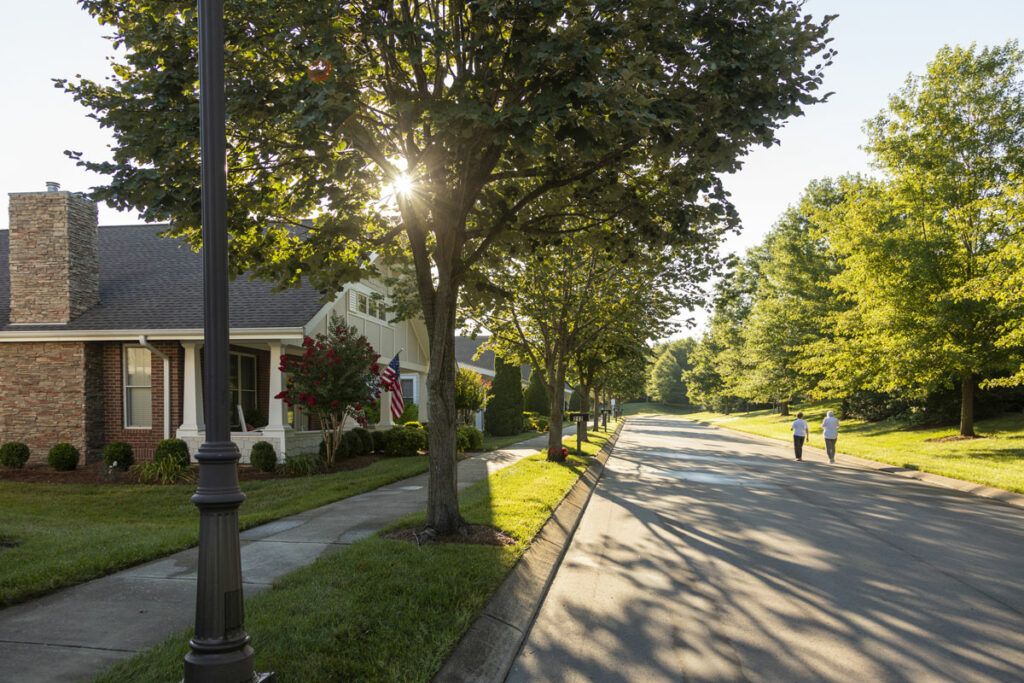 A peaceful suburban street lined with trees and houses, illuminated by the warm glow of sunlight.